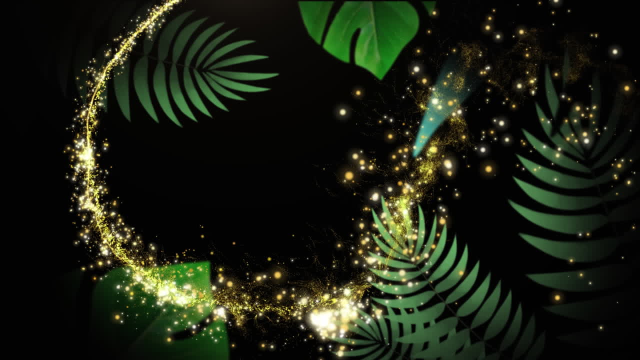 초록색 잎 위에 반 ⁇ 이는 금색 불꽃놀이의 애니메이션, 검은색으로 이동