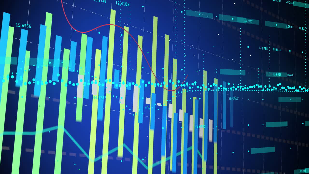 Financial data analysis with bar and line graphs on blue digital background animation