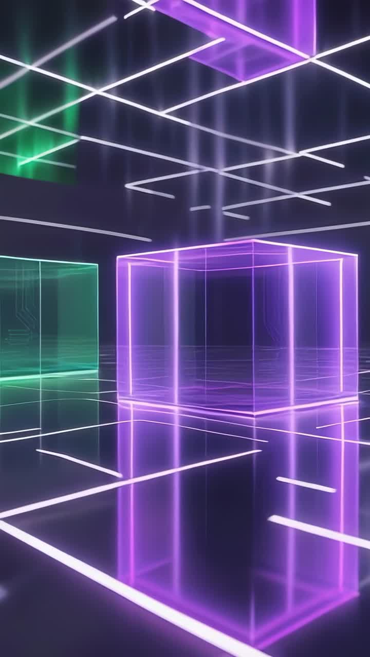 Vertical video: Scene start initiating camera panning in chamber, showing purple neon cube