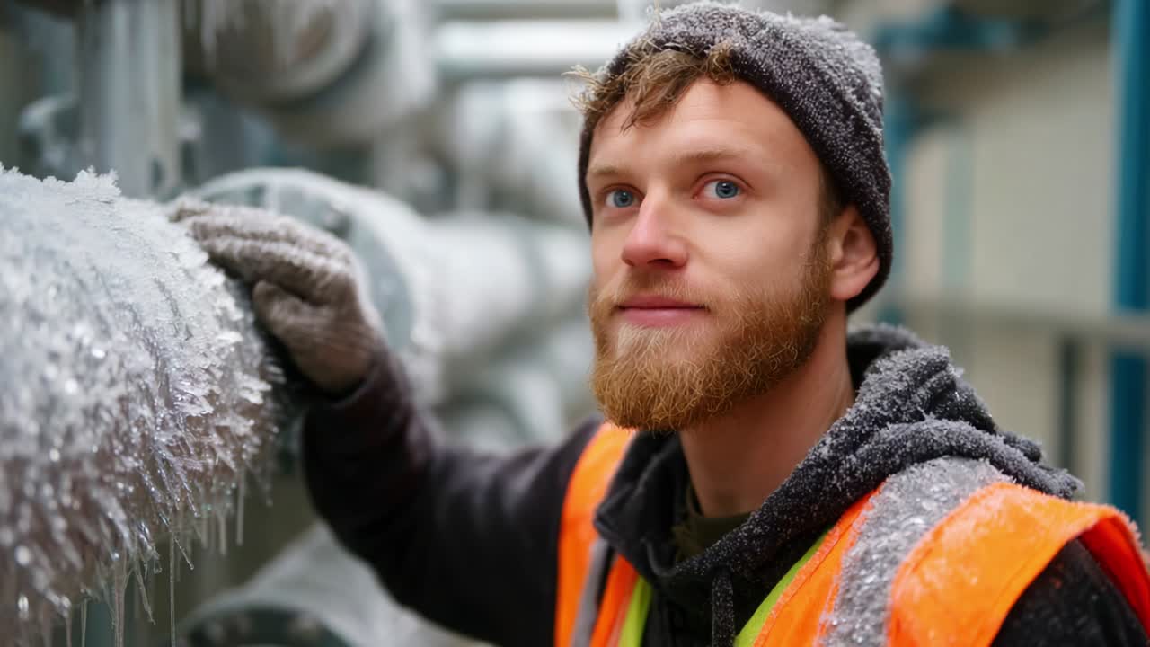 A Worker in Winter Gear Standing Among Frozen Pipes, Showcasing the Frozen Environment, including Ice Formation on Machinery and Equipment, Demonstrating Resilience and Adaptability in Challenging Conditions