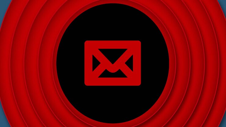 Animation of red envelope icon over circuit board and red circles on black background