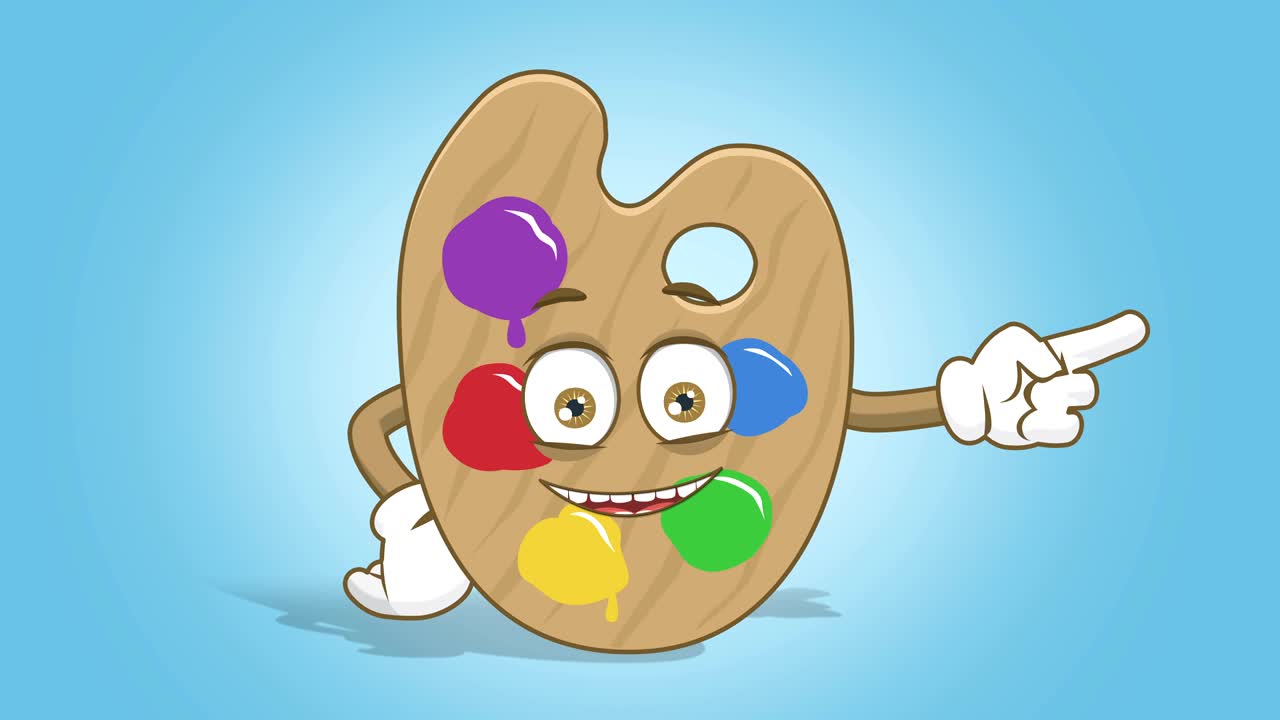Tavolozza colori da artista di cartoni animati, puntatore destro felice con animazione facciale, maschera alfa