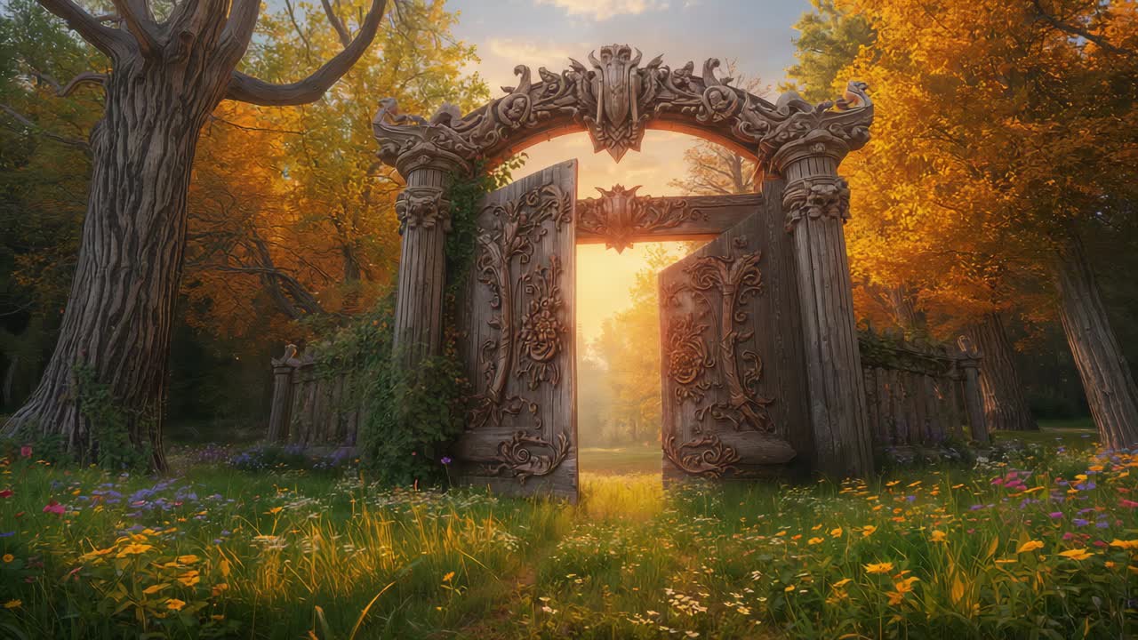 Gentle breeze releasing golden leaves, swirling past ornate gate in autumn clearing