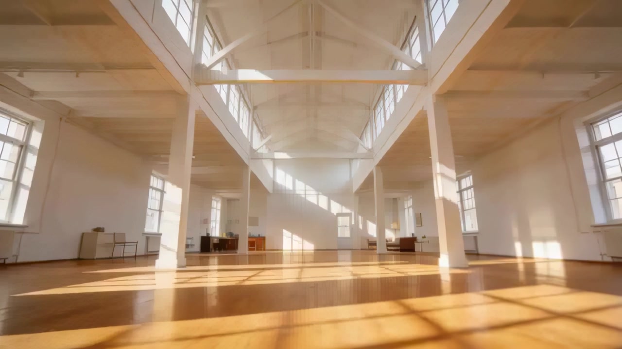 Sich verlagerndes Sonnenlicht fällt durch hohe Fenster auf den Loftboden, die Kamera gleitet vorwärts und zeigt Fachwerkträger.