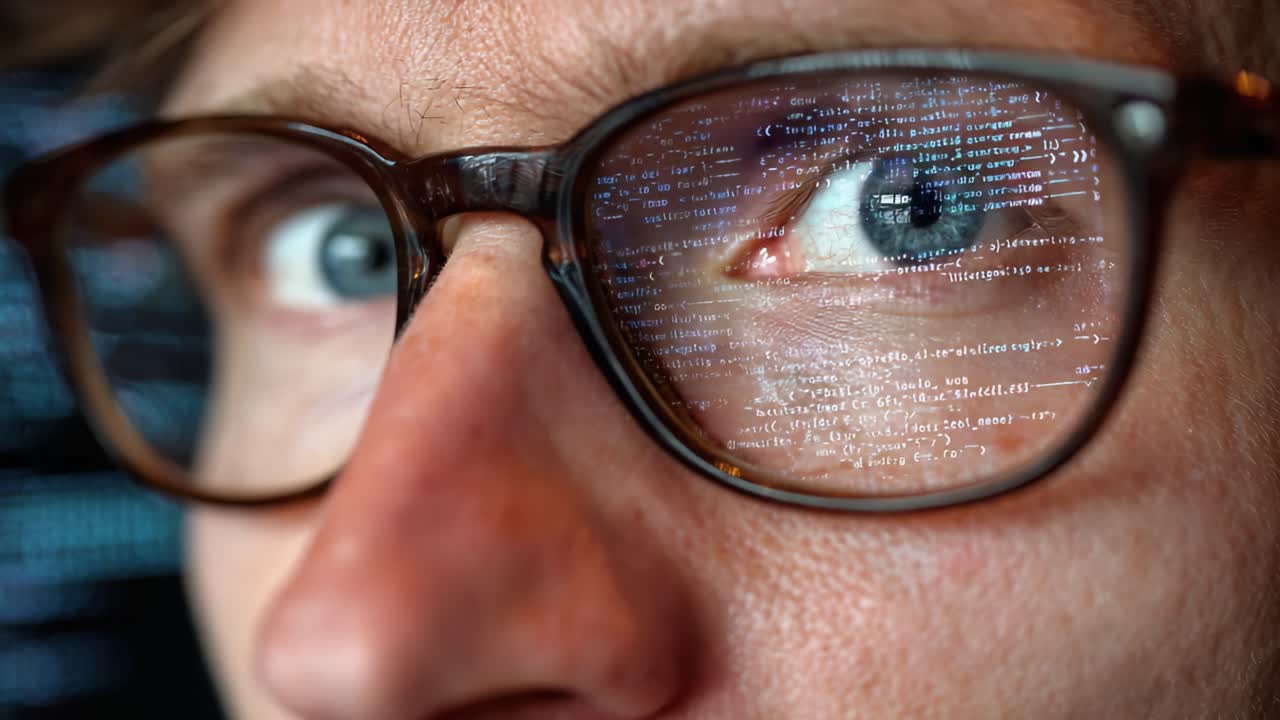 Lähikuva keskittyneestä henkilöstä silmälasien kanssa, koodin heijastuessa heidän silmistään, vangiten ohjelmoinnin ja digitaalisen innovaation ytimen