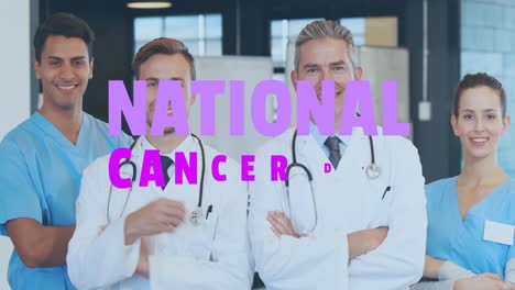 Animation-of-national-cancer-day-text-over-diverse-doctors