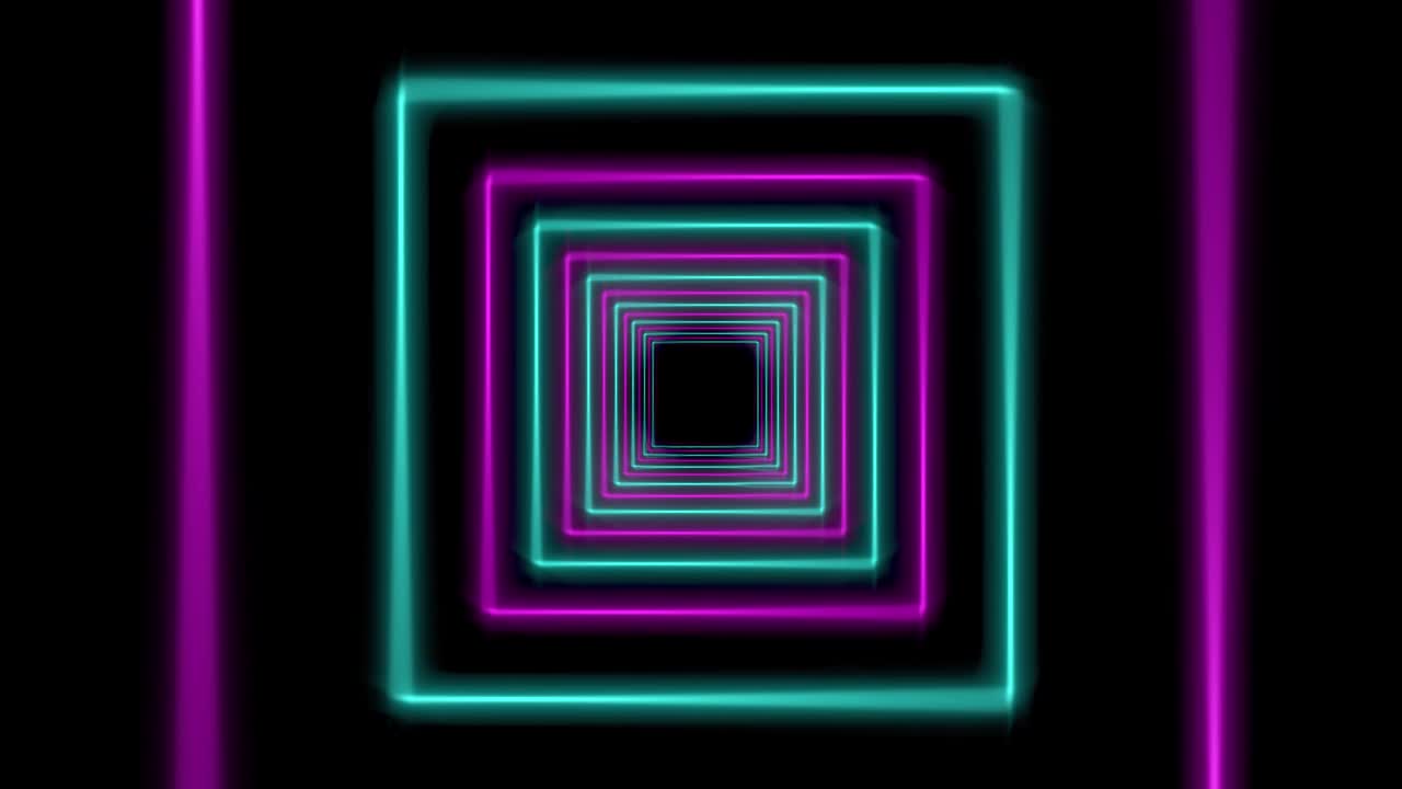 Neon-tunneli, jossa hehkuvat neliömäiset viivat muodostavat valoefektikuvion - 4k.