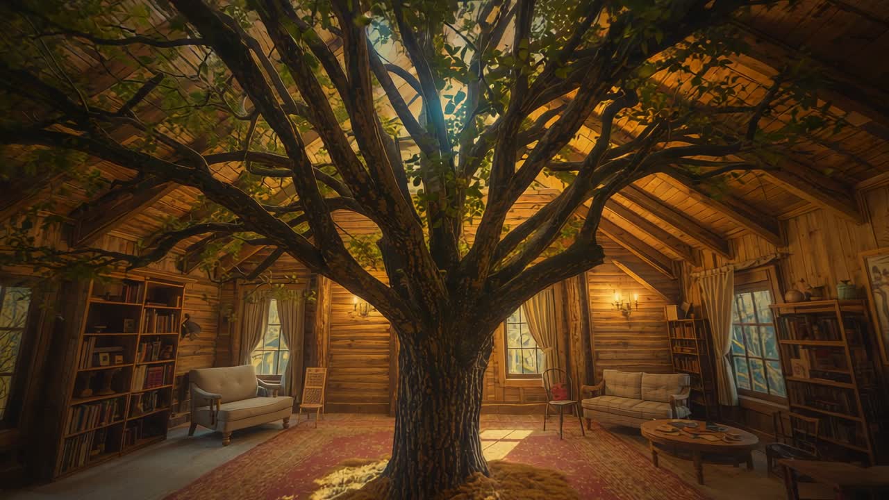 Starting camera panning upward revealing moss-covered tree trunk in cabin loft, with bookcase