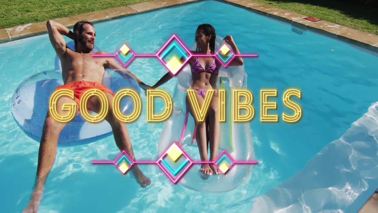 Relaxing on pool floats, couple with Good Vibes animation overlay