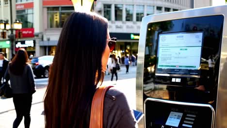 mujer usando una máquina de pago de estacionamiento en una calle de la ciudad
