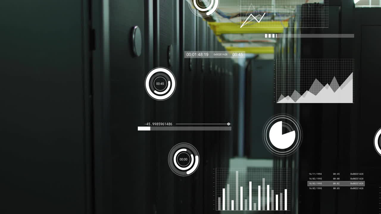 animación del procesamiento de datos y diagramas sobre la sala del servidor