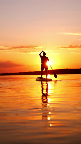 sportsman uses an oar to float by the river on sup board. man practices paddle boarding at sunset. low angle view. vertical video.