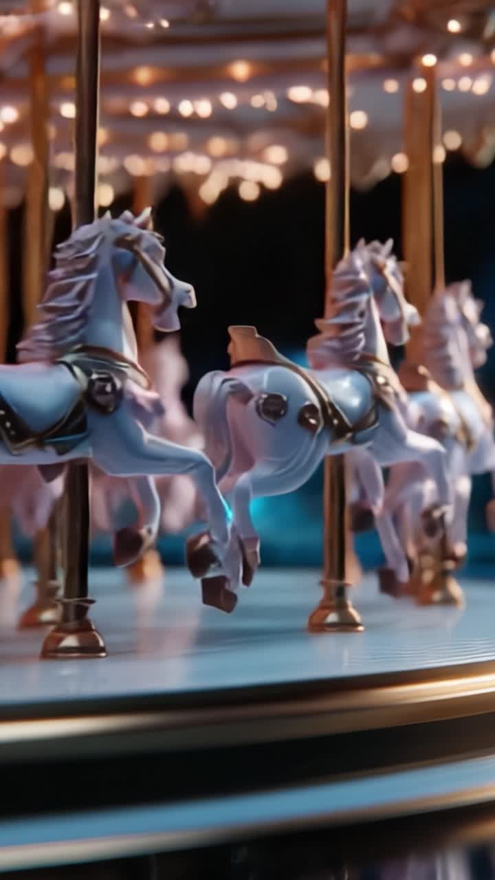A Enchanting Carousel Featuring Gleaming White Horses with Ornate Saddles Twirling Under Soft Lights, Capturing the Whimsical Spirit of Joyful Festivities