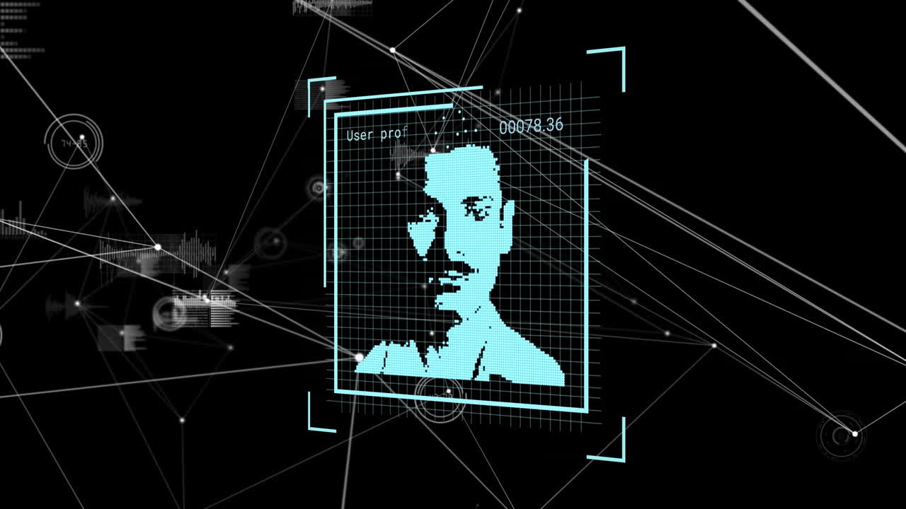 múltiples iconos de perfiles cambiantes a través de la red de conexiones y procesamiento de datos en fondo negro