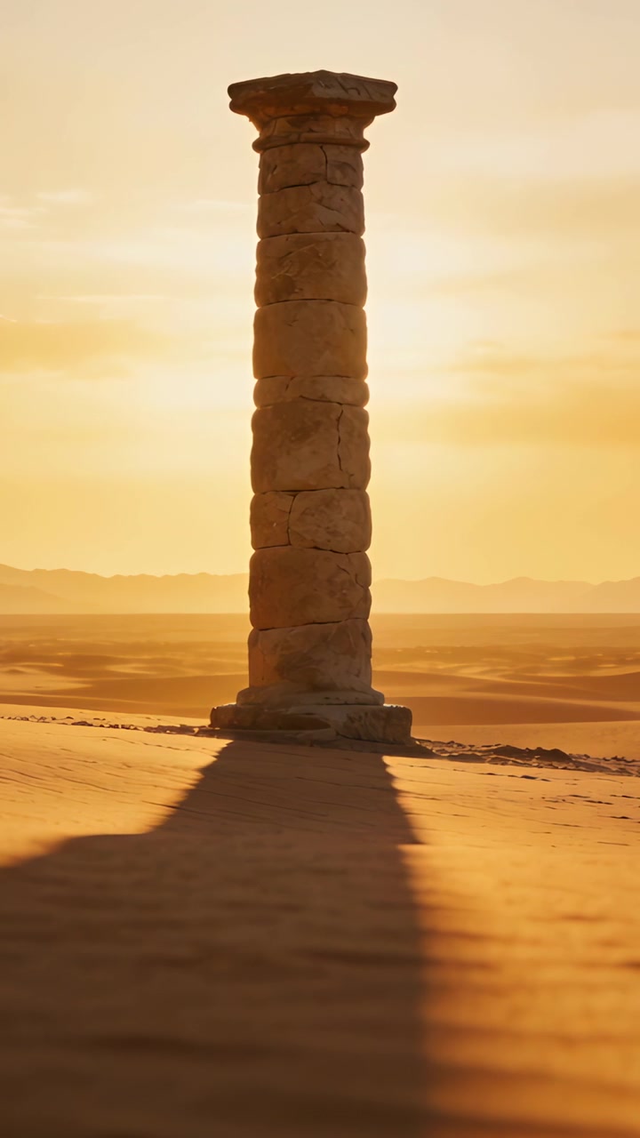 Vertical video: Panning camera drawing stone column closer on sand plain, revealing long shadow