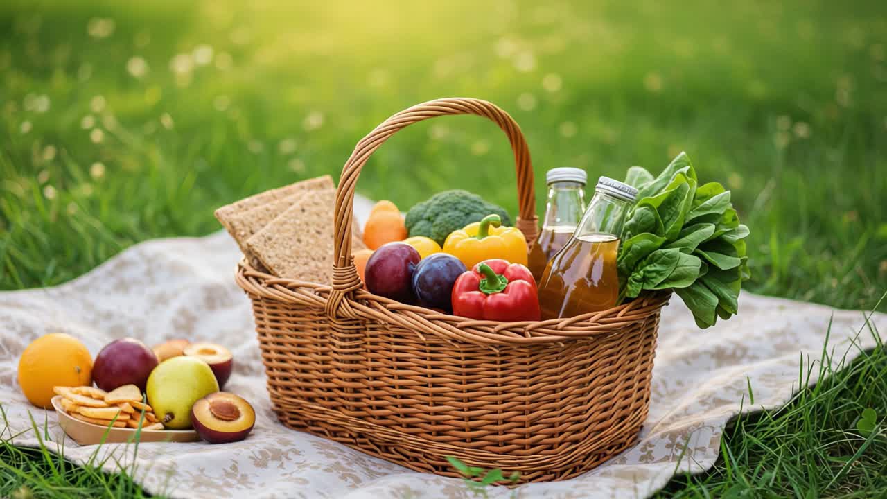 A Bountiful Basket of Fresh Fruits and Vegetables on a Picnic Blanket, Showcasing the Vibrant Colors and Healthy Choices Ideal for Outdoor Gatherings and Meals