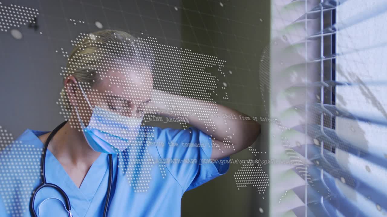 masked nurse gazing blinds initiating moving map dots and scrolling code while stretching neck