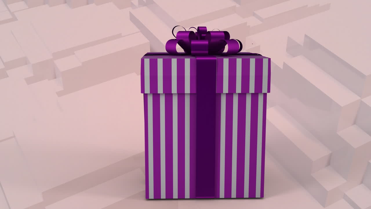 caja de regalo a rayas púrpuras con animación de cinta sobre un fondo geométrico abstracto