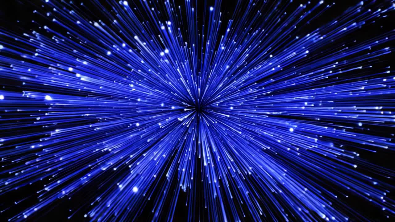 An Explosion of Blue Light: Capturing Dynamic Energy and Motion Through Radiating Lines and Dazzling Particles in a Dark Environment