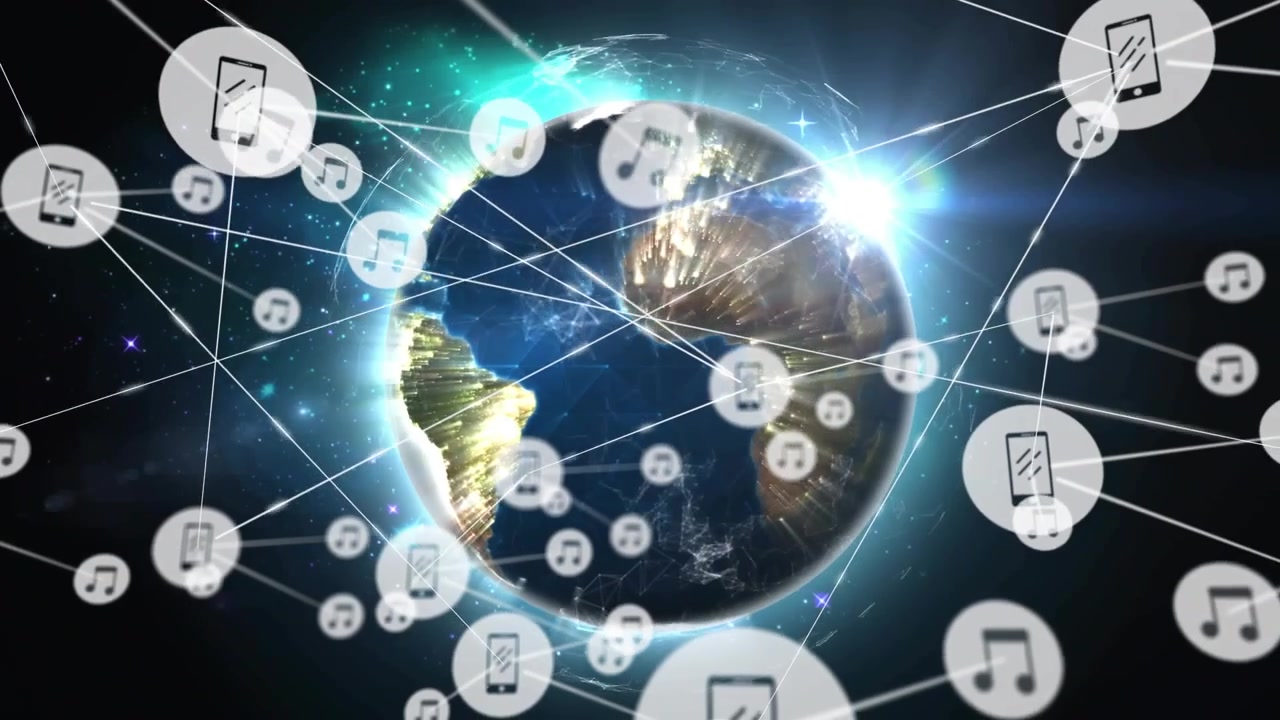 Su un'icona del telefono appare una Terra wireframe che ruota, generando nodi e linee che mostrano una rete globale.