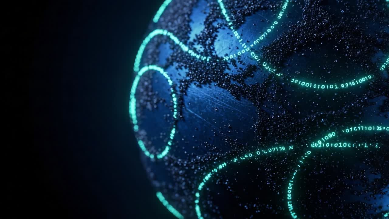 Abstract Digital Representation of a Globe with Binary Code Impressions Illuminated by a Glowing Network, Showcasing Global Connectivity and Technology