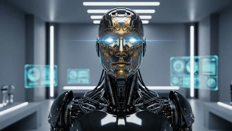futuristic robot with advanced features and illuminated eyes in a high-tech laboratory setting, symbolizing the intersection of technology and humanity