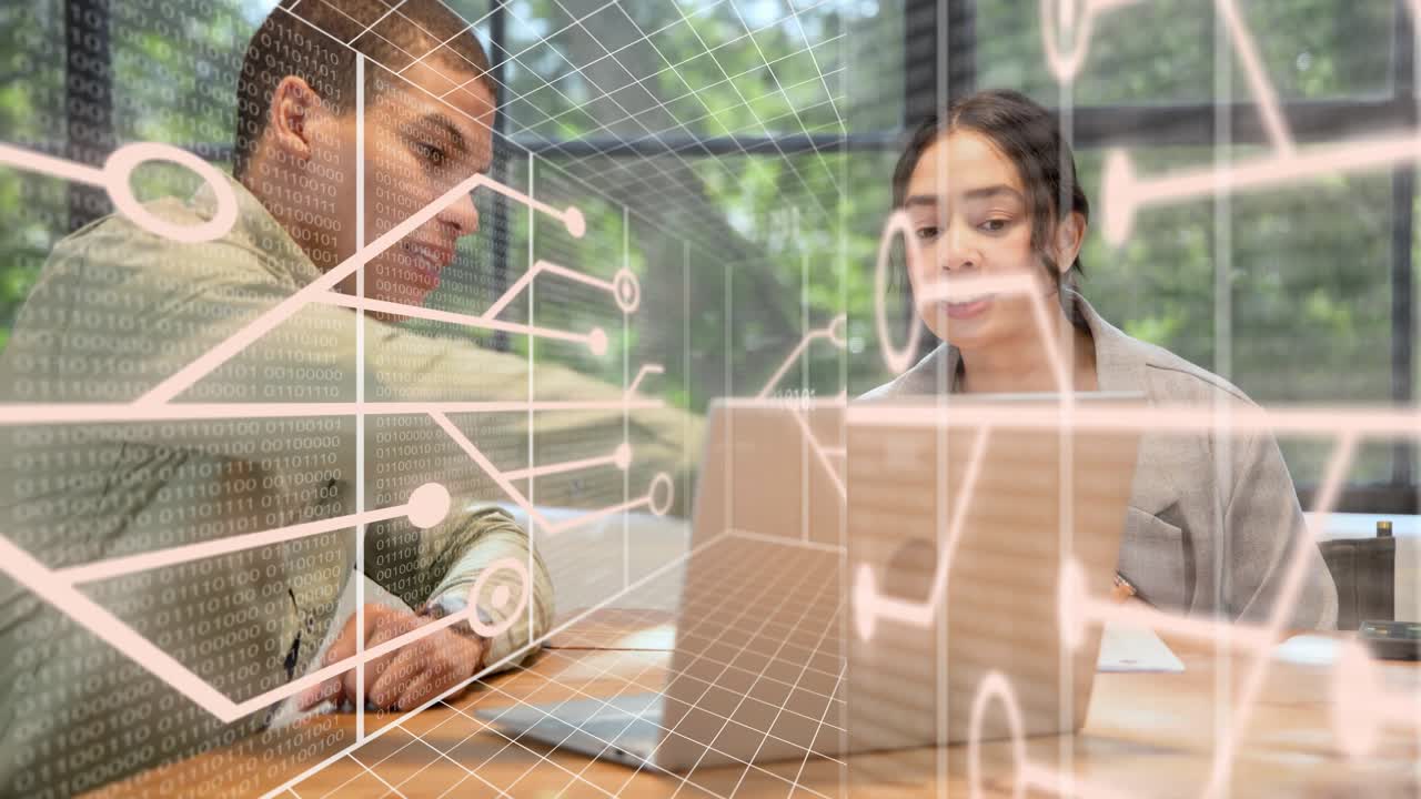 Woman pointing at laptop and man typing, making HUD overlay shift during business document review