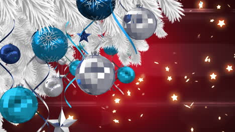 animación de árbol de navidad decorado y estrellas iluminadas sobre fondo rojo