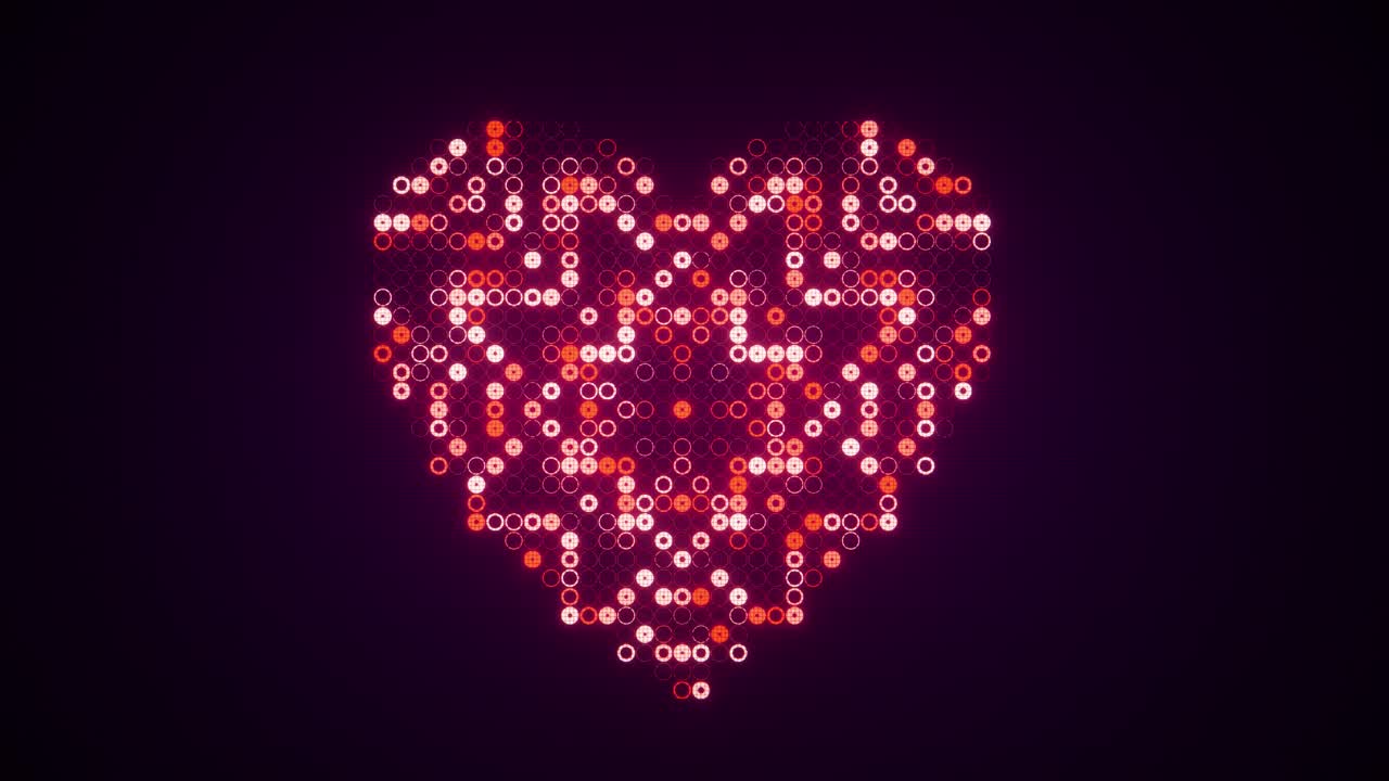 Forma di cuore digitale composta da cerchi rossi e rosa scintillanti