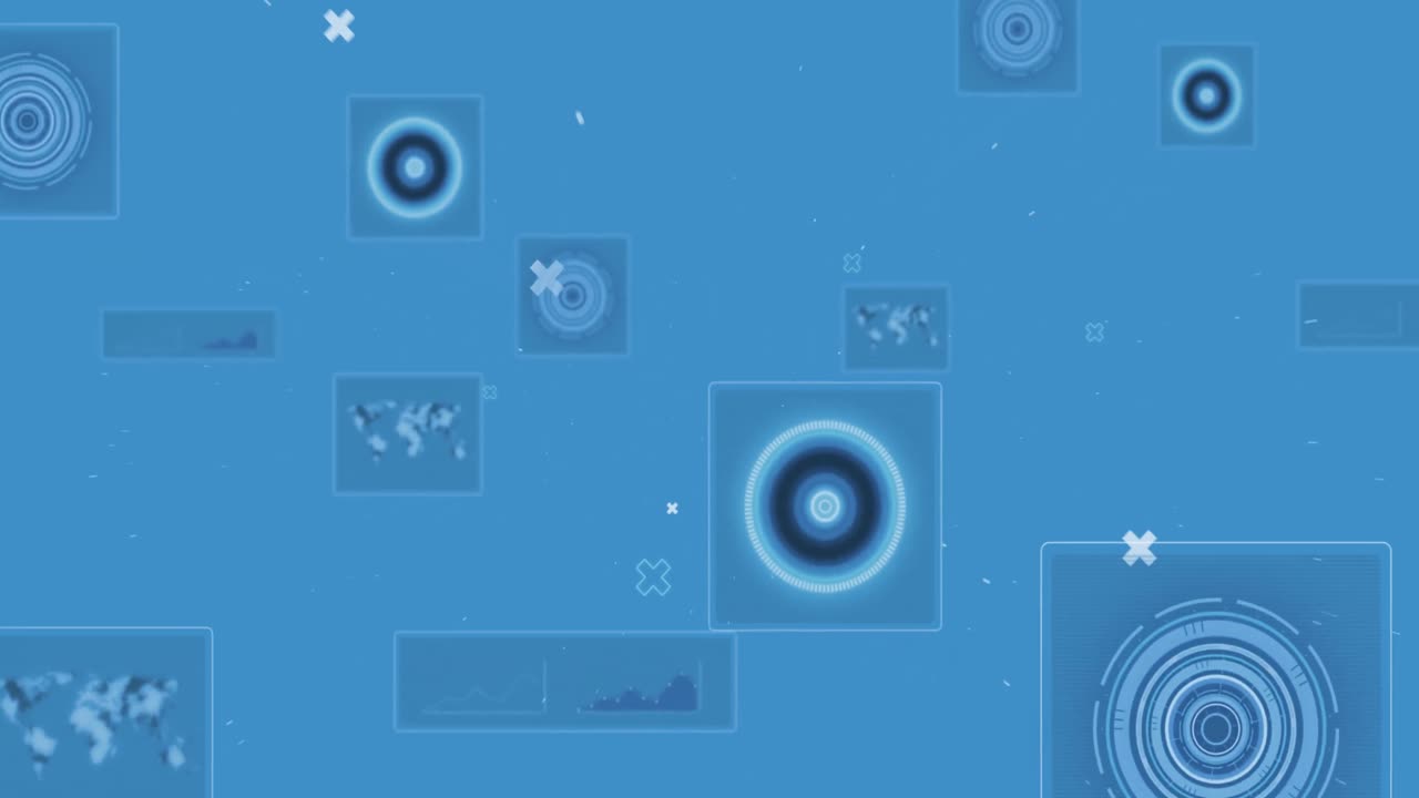 Animation of round scanners and data processing against blue background with copy space