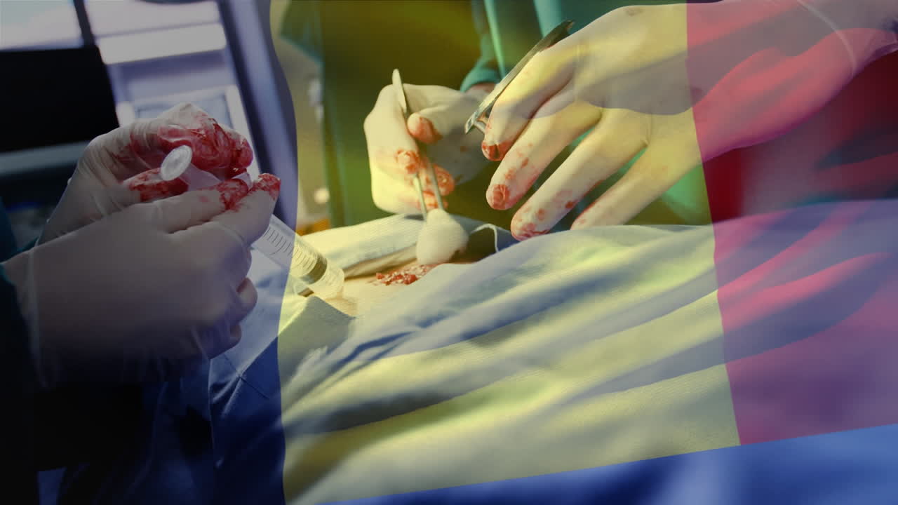 animación de la bandera de bélgica sobre los cirujanos en el quirófano