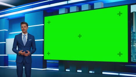 talk show tv program: handsome white male presenter standing in newsroom studio, uses big green chroma key screen. news achor, presenter talks about news, weather. playback mock-up cable channel