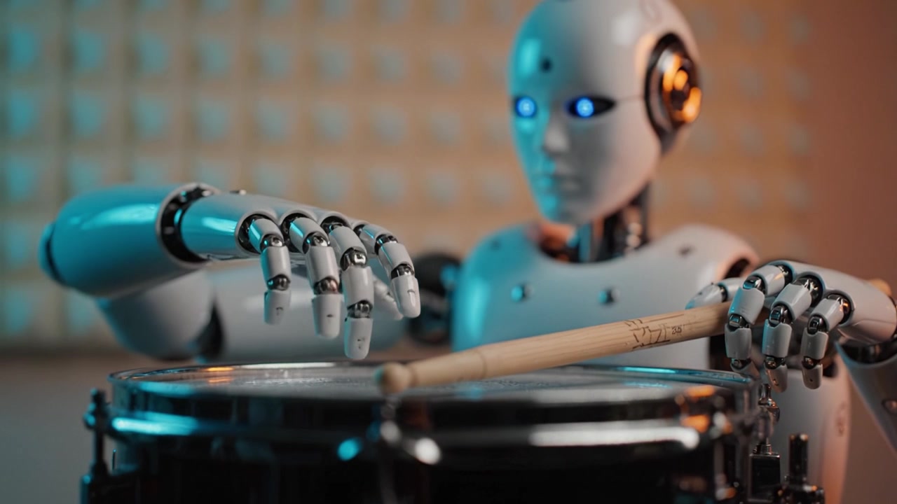 En robot-trommeslager viser avansert teknologi og kreativitet mens den spiller skarptromme, og demonstrerer presisjon og rytme i en fengslende forestilling.