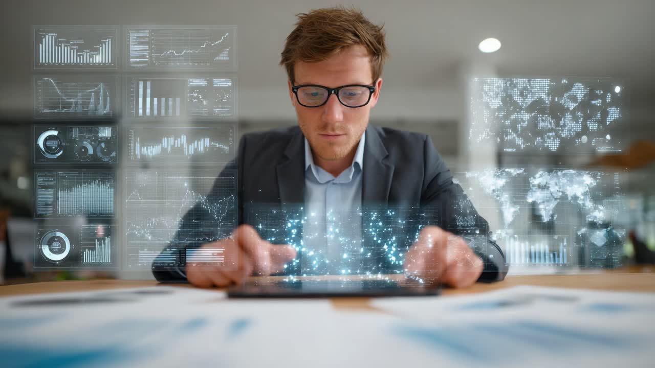 En fokuseret professionel analyserer data med avanceret teknologi: Udforskning af tendenser gennem digitale visualiseringer og interaktive grænseflader i et moderne arbejdsområde