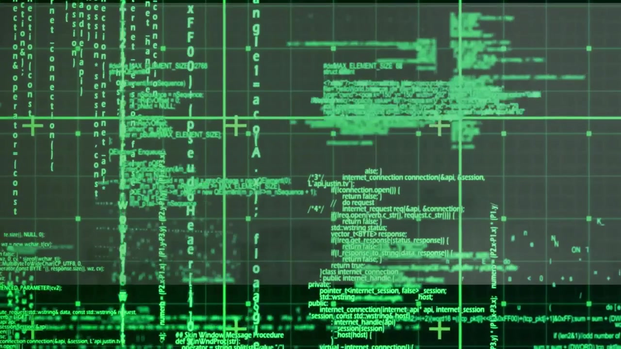 Grøn programmeringskode, der ruller på en digital konsol og viser gitterlinjeoverlejringer til teknologi