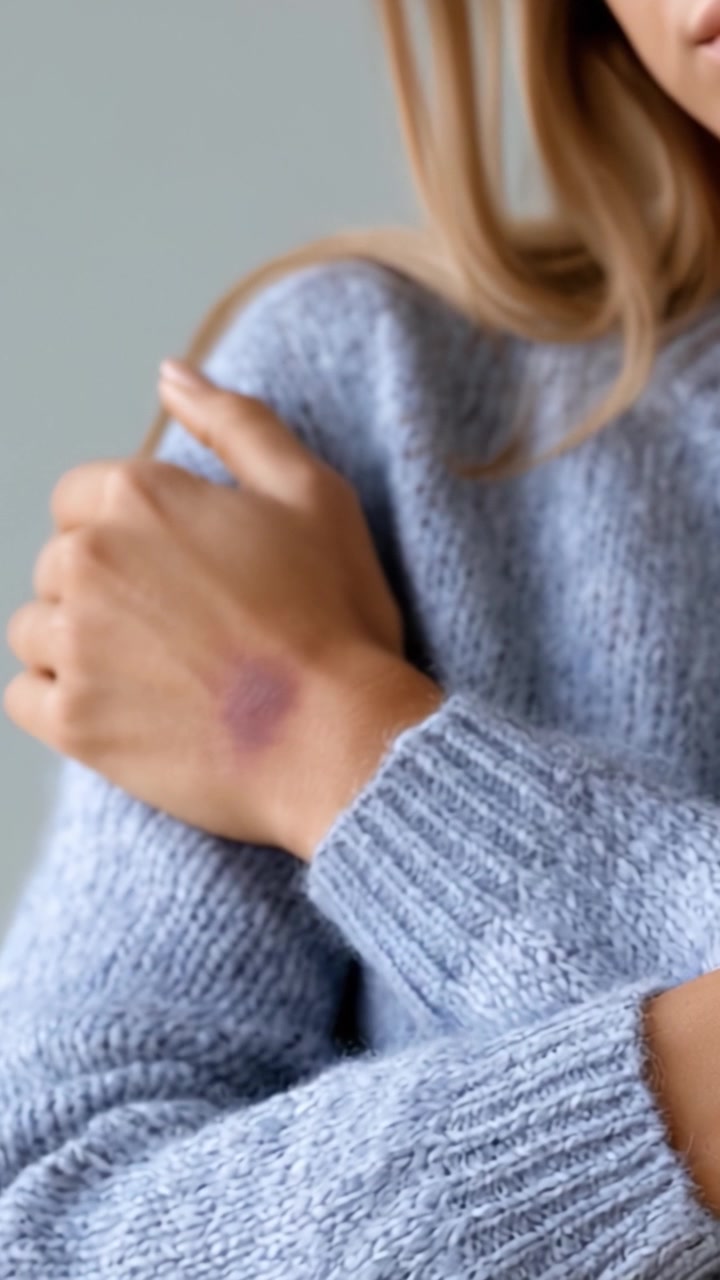 A Close-Up View of a Woman's Hand with a Distinct Bruise on the Wrist, Captured in Soft Lighting, Showcasing the Impact of Injuries on Skincare and Health