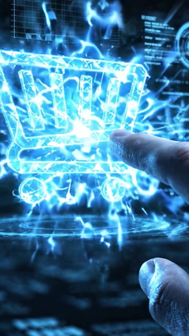 Um Ícone Futurista de Carrinho de Compras Digital Representando o Crescimento do E-commerce e Análise de Dados com Luzes Azuis Vibrantes em um Fundo Escuro