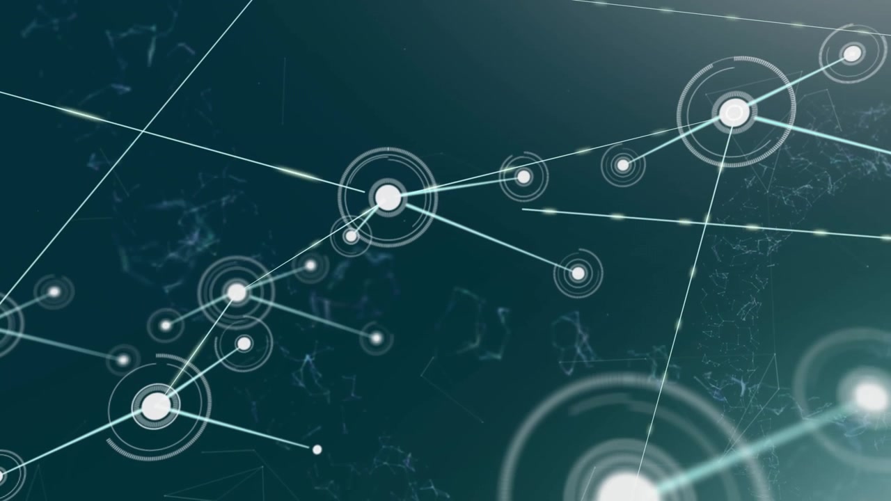 Animation of dots connected with lines, geometric shapes and abstract pattern on blue background