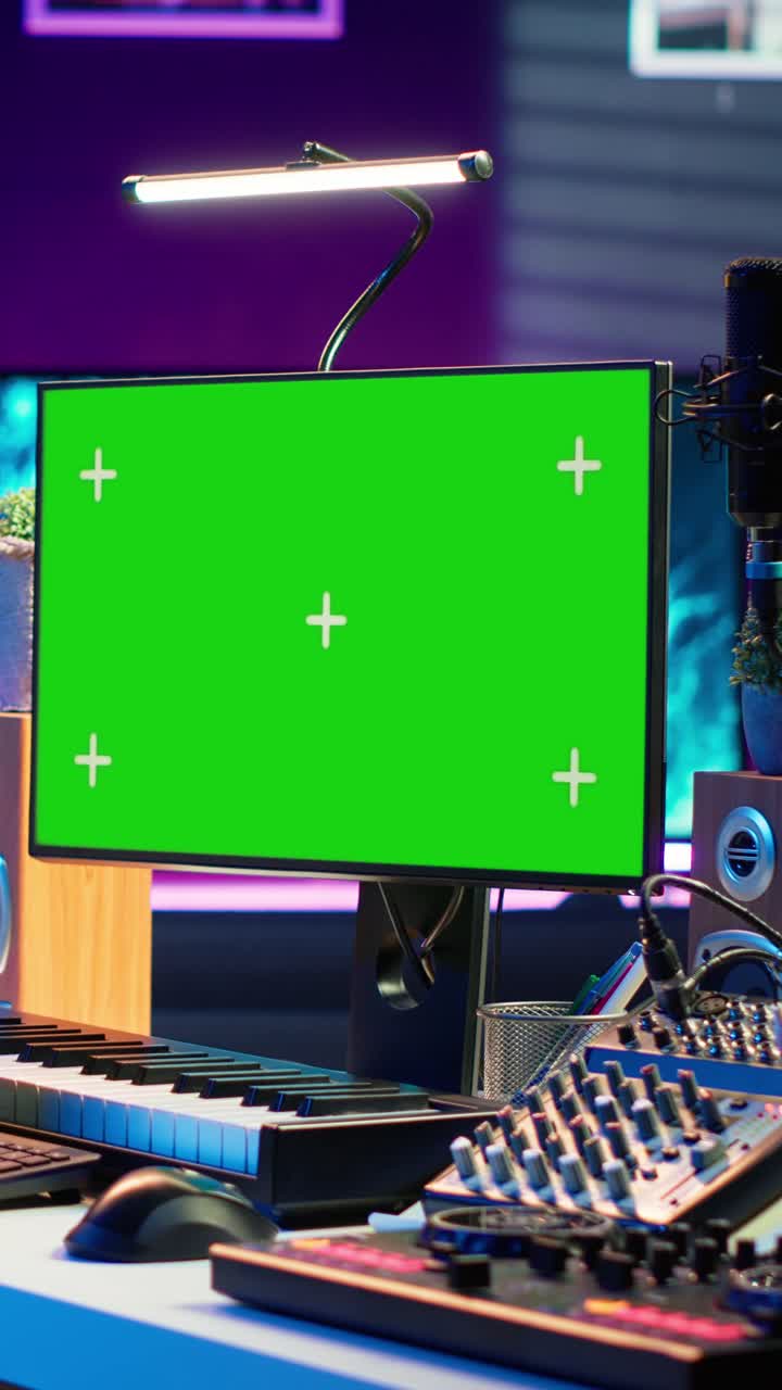 Green Screen Monitor in Music Production Studio with Musician Playing Keyboard
