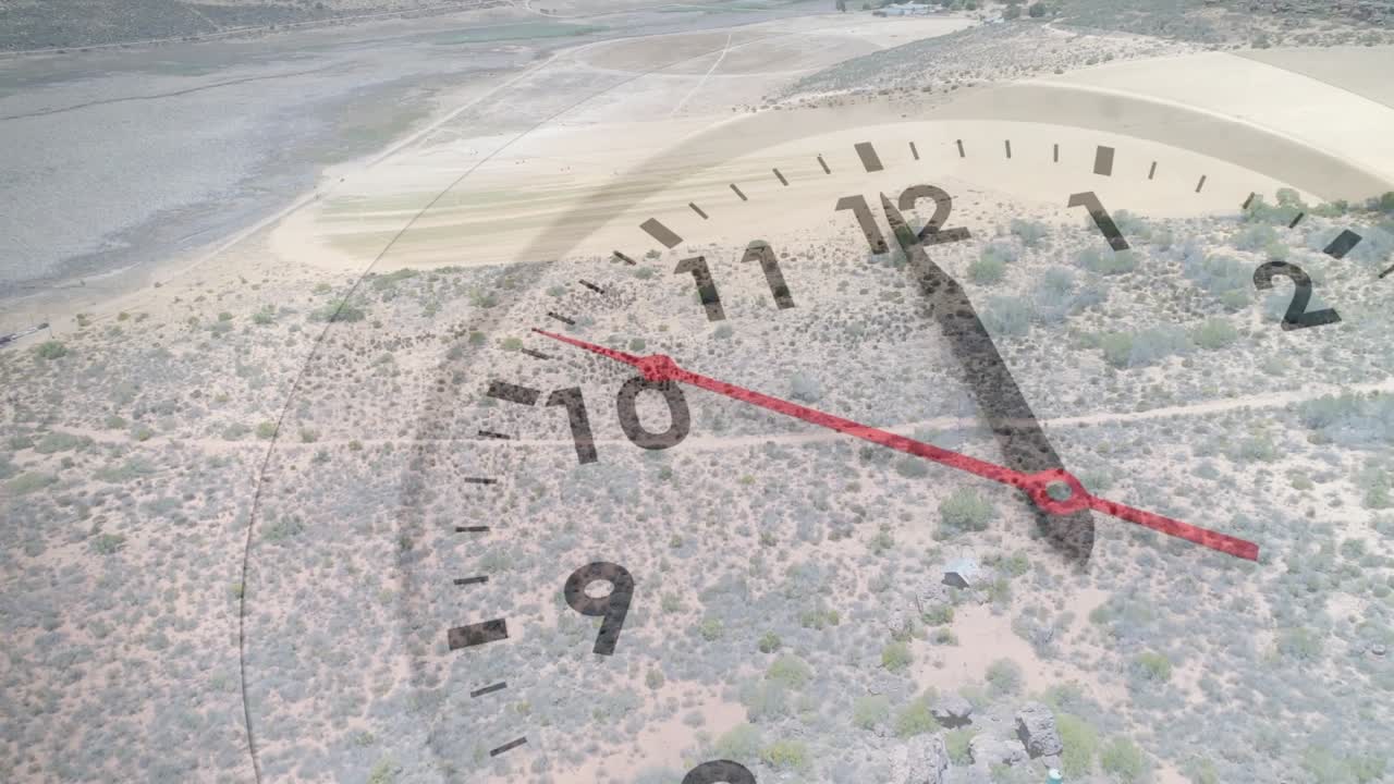 Clock appearing, red hand rotating, black advancing, aerial pulling to coast, showing time passing