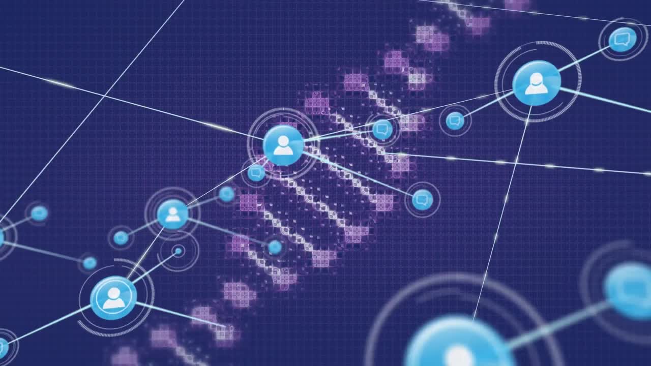 Animation of network of connections with icons and dna strand