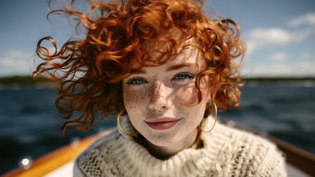 Captivating Portrait of a Young Woman with Freckles and Vibrant Red Curls Enjoying a Bright Sunny Day on a Boat Surrounded by Scenic Water and Open Sky