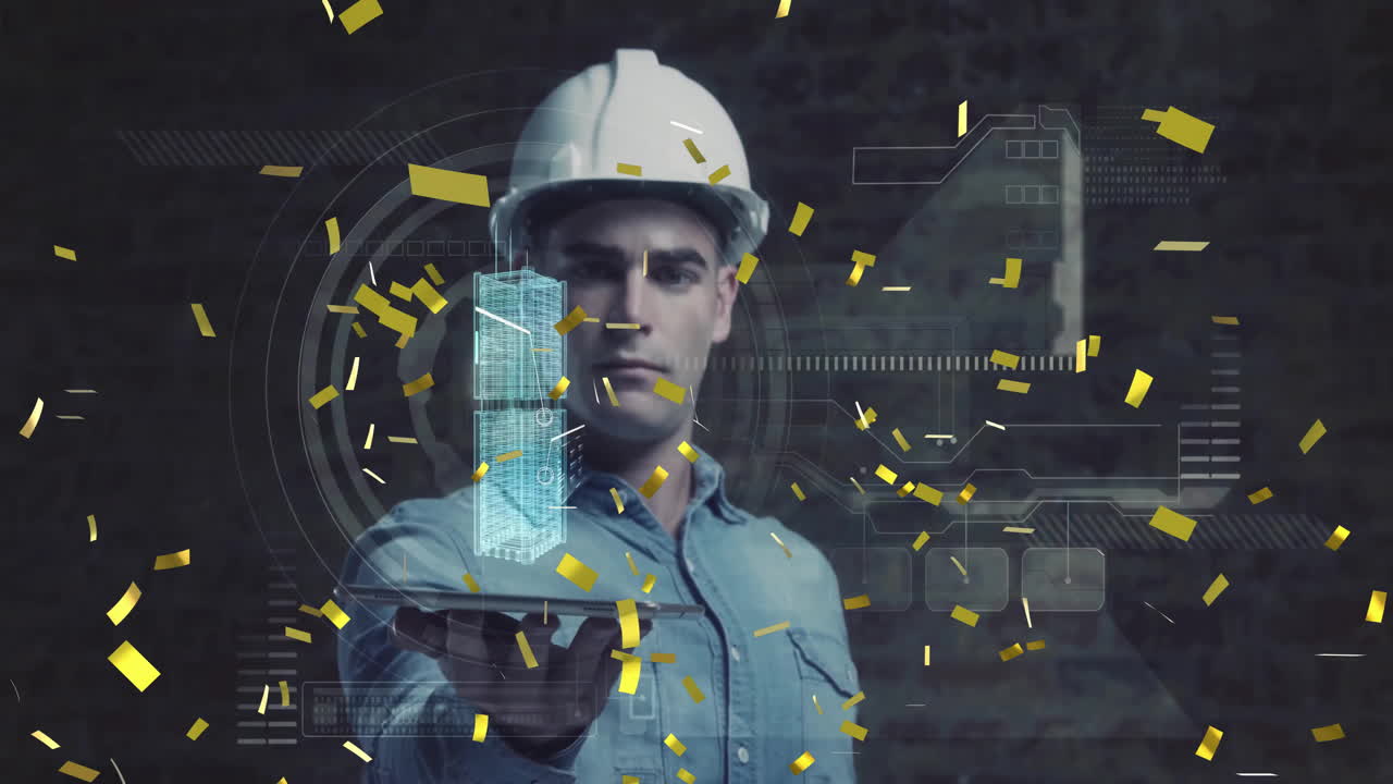 Holding tablet with building animation, construction worker viewing digital data overlay