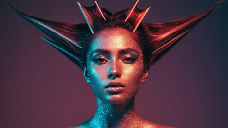 captivating portrait of a model with stunning hair sculpting and glittering facial effects, showcasing innovative artistic beauty in a dynamic color narrative