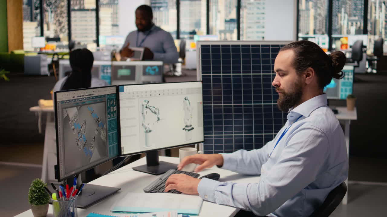 Engineer In Office Works On Solar Panel Cad Design For Improved Technology