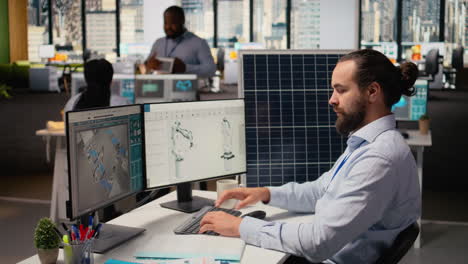 engineer in office works on solar panel cad design for improved technology