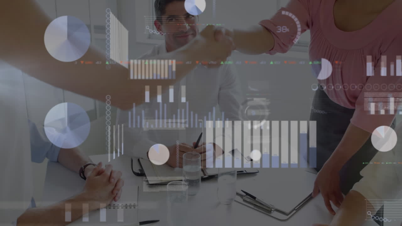 animación de estadísticas y procesamiento de datos sobre el apretón de manos de un empresario