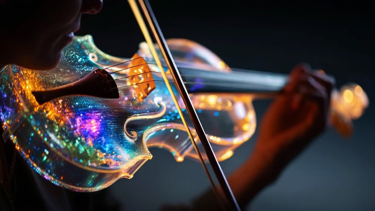 A mesmerizing display of artistry, this stunning illuminated violin glows with vibrant colors, showcasing the beauty of music and craftsmanship in a captivating visual performance
