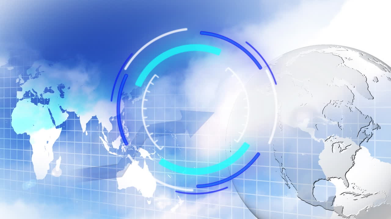 파란색 배경에 있는 지구와 세계 지도 위의 스 ⁇  스캔의 애니메이션