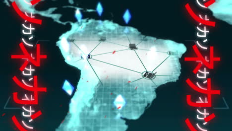 animación del idioma mandarín, gente en cadena alrededor del mundo, iconos conectados sobre el mapa